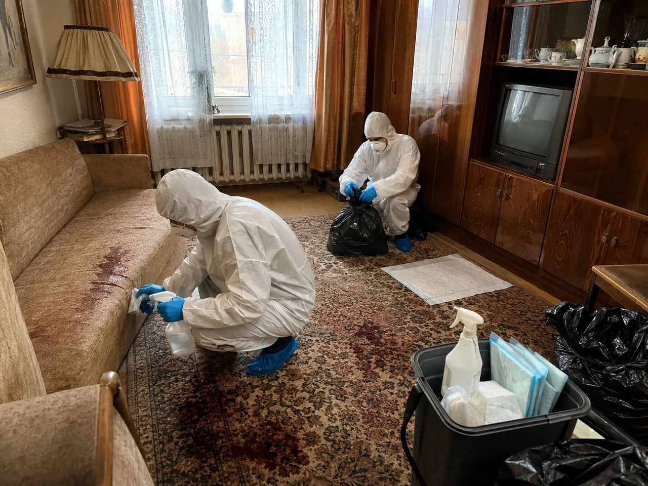 Dwóch specjalistów Bestclean24 w pełnych kombinezonach ochronnych podczas sprzątania mieszkania po zgonie w Bielsku-Białej